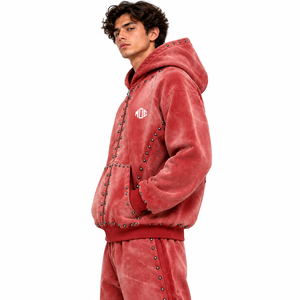 Sweat à capuche zippé en velours bouclette épais 450 g/m² pour homme, avec rivets rouges et broderies, en coton épais pour l'hiver - Product Image 5