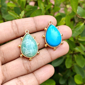 Ensemble de connecteurs de breloques en laiton plaqué or 18 carats, en forme de poire, avec cabochon turquoise bleu, fait main, avec perles et pierres 14x20mm, prix de gros - Product Image 5