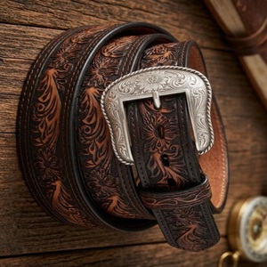 Cinturón de Cuero Clásico para Hombre, Tallado a Mano con Diseño Floral en Relieve, Estilo Western, con Hebilla de Latón Plateado de Diseño - Product Image 2