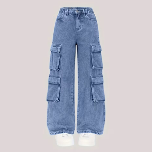 Pantalones vaqueros cargo holgados de cintura media para mujer, azul lavado, de pierna ancha, estilo skater, streetwear, hip hop, con múltiples bolsillos, casuales, 100% denim - Product Image 1