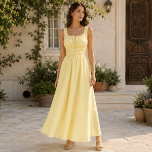 Vestido Midi Amarillo Fruncido para Mujer con Volantes, Tirantes y Lazo Delantero, Sin Mangas, Corte A, para Fiesta de Verano, Casual, Playa, Vacaciones, Elegante, Estilo Boho - Product Image 4