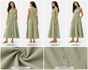 Vestido Midi de Lino y Algodón al por Mayor OEM, Elegante Vestido Camisero sin Mangas con Cuello Mandarín y Botones Delanteros, Transpirable, Moderno para Fiestas - Product Image 6