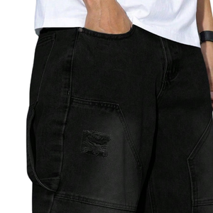 Jeans de Carpintero Negros para Hombre, Corte Holgado, Pierna Recta, Denim Desgastado, 100% Algodón, Secado Rápido, Transpirables, Cintura Media, Peso Medio, Casuales - Product Image 3