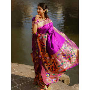 Saloni's <b>Purple</b> Paithani Silk <b>Saree</b> with Half Half Concept Big Border Zari Woven Indian & Pakistani Clothing 700g - Product Image 5