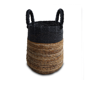 Ensemble de paniers ovales modernes en jonc de mer écologiques avec poignée - Noir et naturel pour le rangement des vêtements - Product Image 1