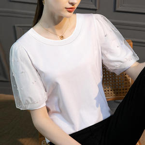 เสื้อยืดผู้หญิงผ้าฝ้ายแขนพองแต่งลูกปัด คอวี แขนสั้น คุณภาพสูง แฟชั่นลำลอง สำหรับฤดูร้อน - Product Image 1
