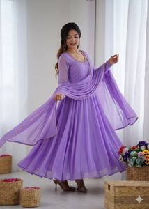 Purple Silk Anarkali Salwar Kameez Embroidered Long Sleeve Quick Dry <b>Kurti</b> with Dupatta <b>for</b> Wedding Party <b>Women</b> - Product Image 6