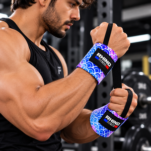 Bandes de maintien pour poignets en coton Rhino Fitness avec boucle pour le pouce et fermeture auto-agrippante, motif bleu, attelle de musculation pour la salle de sport - Product Image 4