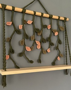 Artistic Green Leaf Pattern Macrame Wall Hanging Shelf With Wooden Base Suitable For Home <b>Decor</b> And Gifting Purpose From India - Product Image 3