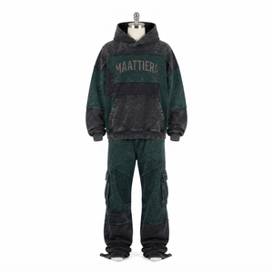 Mens Green <b>Black</b> Acid Wash Color Block <b>Zip</b> <b>Hoodie</b> Cargo Pants Tracksuit Set Custom Streetwear Casual Fashion Outfit - Product Image 3