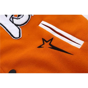 Men's Orange Varsity <b>Jacket</b> With Embroidered Letter K And <b>Stars</b> Turn-down Collar Regular Fit Autumn Wear - Product Image 5