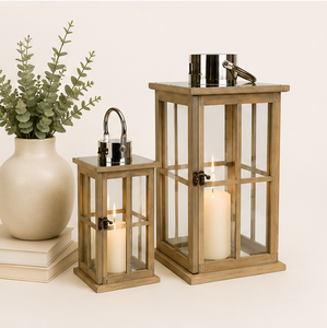 Wooden Candle <b>Lantern</b> <b>Set</b> of 2 with Stainless Steel Top Decorative Farmhouse Glass Floor <b>Lanterns</b> Vintage Brown Finish - Product Image 3