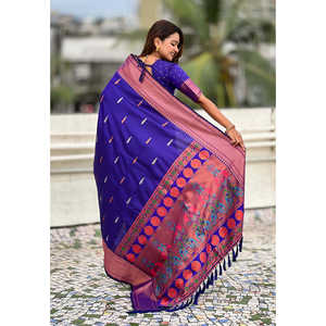 ผ้าไหมเยโอล่าปายทานีสีม่วงลายทวิลซารีแบบทอสองชั้น สำหรับงานแต่งงาน งานดิวาลี งานเลี้ยง งานปาร์ตี้ฤดูหนาว ชุดแบบดั้งเดิม สง่างาม เหมาะสำหรับงานกลางคืน ผ้าไม่ยับ - Product Image 5