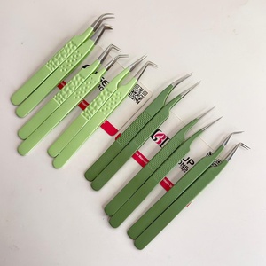 Pince à épiler professionnelle pour extensions de cils, haute précision, en acier inoxydable, vert menthe olive, avec grip diamant 3D anti-magnétique - Product Image 1