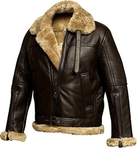 Blouson aviateur en cuir véritable pour homme REAC READY INDUSTRY, col rabattu, doublure en fausse fourrure, fermeture éclair, coupe-vent, hiver, moto - Product Image 6