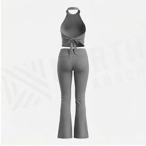 2 Piece Yoga Set High Waist <b>Flared</b> <b>Leggings</b> Halter Crop Top Solid Gray Seamless Breathable Women's Activewear - Product Image 2