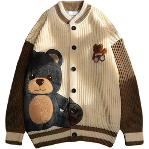 <b>Women's</b> <b>Black</b> Knit <b>Cardigan</b> With Bear Applique Cartoon Pattern Full Sleeve Casual Autumn Wear 100% Acrylic Button Up Collar - Product Image 6