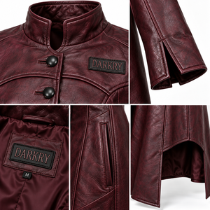 High Low Maroon Leather Trench <b>Coat</b> Asymmetric Hem Button Stand Collar <b>Womens</b> <b>Duster</b> Jacket Custom Oem Odm Factory - Product Image 6