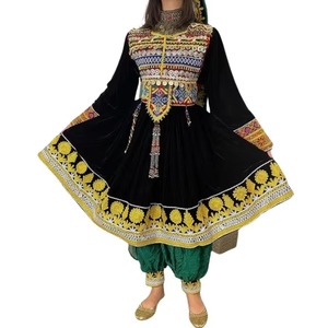 Stunning Kuchi Tribal Outfit Black Velvet Short Frock With Multi Tiered <b>Neon</b> Border Yellow Floral Embroidery Green Loose Harem - Product Image 5
