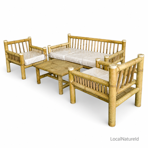 Ensemble de meubles de jardin modernes en bambou massif artisanal 4 pièces / Ensemble de canapé lounge 3 places de luxe robuste de style tropical avec coussins - Product Image 2