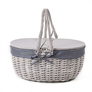 Wholesale Gray <b>Wicker</b> Picnic <b>Basket</b> Oval Handwoven Rattan <b>Storage</b> Hamper Stripe Cloth Lining Outdoor Food Carrier Gift <b>Basket</b> Bo - Product Image 1