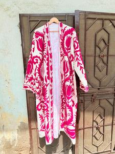 Robe de bain pour femme en coton 100% écologique, rose, à fleurs, style Suzani, manches longues, col en V, avec ceinture, pour l'été - Product Image 2