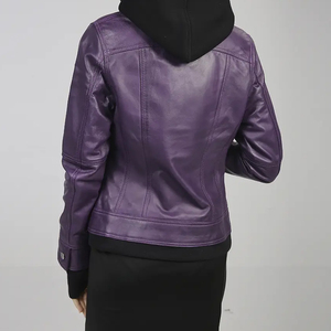 Women's Purple PU Leather Moto Jacket Full Sleeve Turn-down Collar <b>Zipper</b> Closure Autumn Style - Product Image 5
