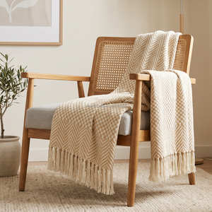 Natural Recycled Cotton Handloom Blanket with Subtle Striped Texture and Fringe for Sofa Lounge <b>Chair</b> and Earthy Interiors - Product Image 1