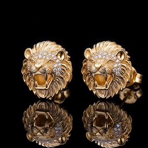Lion Motif Round Stone <b>Earrings</b> <b>Gold</b> Lab Grown <b>Mens</b> Lion Face Stud <b>Earrings</b> With Brilliant Cut Stones - Product Image 2