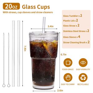Set di 2 Bicchieri in Vetro a Righe Verticali per Acqua e Caffè con Coperchio di Alta Qualità e Spazzola per la Pulizia della Cannuccia - Product Image 2