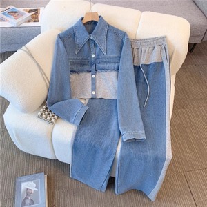 Women Denim Patchwork Tracksuit Set Casual Full Sleeve Turn-<b>down</b> Collar Long <b>Pants</b> Color Blocking Loose Fit Spring Style - Product Image 4