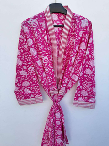Bata Kimono Larga con Estampado Floral para Mujer, 100% Algodón, Ropa Casual para Estar en Casa, Cuello Redondo, Manga Larga, para Primavera - Product Image 1