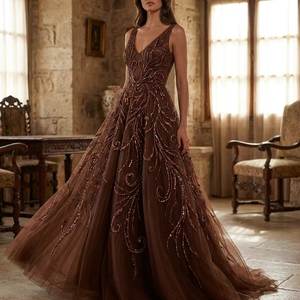 ชุดราตรีสีน้ำตาลทรงวีคอ ปักเลื่อมหนัก ดีไซน์ทรงเอไลน์ หรูหรา เหมาะสำหรับงานพรอมหรืองานเลี้ยงอย่างเป็นทางการ - Product Image 1