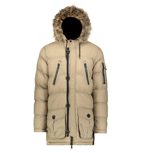 Men's Hooded Puffer Jacket Winter Casual Windproof Zipper Closure <b>Fur</b> Trim Down Filled Long Length Beige Color - Product Image 1