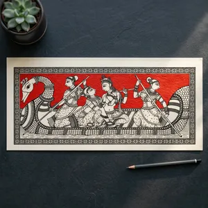Una obra de arte tradicional Pattachitra de Odisha, India, que representa la escena divina de Radha Krishna Naukavihar. - Product Image 1