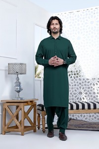 <b>Men's</b> Green Cotton Kurta <b>Pajama</b> <b>Set</b> Long Sleeve Solid Color Casual Daily Wear Ethnic Outfit India Pakistan Style - Product Image 1