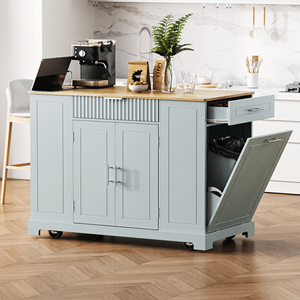 Isola da Cucina con Presa di Corrente, Contenitore per Rifiuti, Armadietto con 5 Ruote e Scaffale Interno, Isole e Carrelli da Cucina Scanalati - Product Image 2