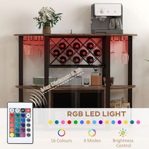 Tavolo da Mini Bar rustico marrone per vino e liquori con stazione di ricarica per illuminazione a LED e supporti in vetro per uso domestico - Product Image 4