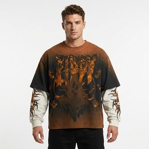 T-shirt Homme Col Rond Manches Longues Double Couche Imprimé Effet Délavé Oversize Logo Personnalisé Style Vintage 100% Coton Épaules Tombantes - Product Image 5