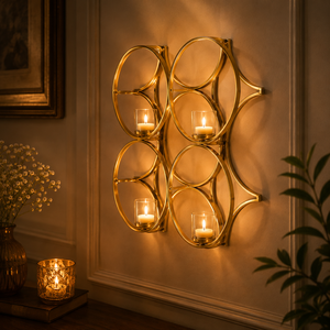 Gold Wall-Mounted Candle Holder with 4 Circular Glass Holders for Home Decoration - Product Image 1