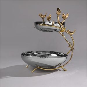 Modern Stainless Steel Hammered Serving Bowl with Brass Bird Branch Stand, Double Layer <b>Snack</b> Server, Decorative Food Platter - Product Image 1