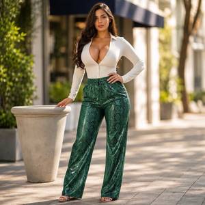 Pantalon en cuir à motif serpent pour femme, coupe large, taille haute, pantalon de soirée tendance, pantalon décontracté et confortable - Product Image 5