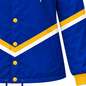 Chaqueta Universitaria Azul Rey para Mujer con Cuello Dorado, Letras Griegas, Botones a Presión, Rayas Blancas y Doradas, Manga Larga - Product Image 4