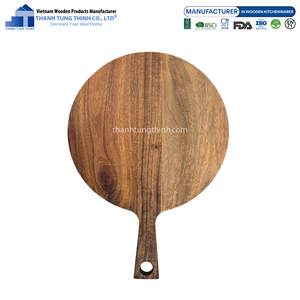 Plateau de service en bois d'acacia avec poignée, finition bois naturel poli, usage résidentiel, fabriqué au Vietnam - Product Image 4
