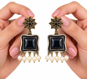 Pendientes Colgantes Vintage con Flores y Piedra Ónix, Perlas de Imitación con Engaste en Bisel, Baño de Bronce Antiguo, para Mujer, ¡Gran Venta! - Product Image 3