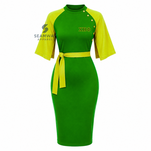 Vestido Midi Ajustado de Mujer Chi Eta Phi con Bloques de Color Verde y Amarillo en Contraste, Manga Capa, Detalle de Botones y Lazo en la Cintura - Product Image 1