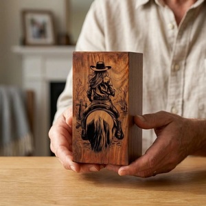 Custom Eco-Friendly Durable Wooden Urn Box Western Cowgirl Horse Cremation Memorial <b>Keepsake</b> <b>for</b> Human Adult <b>Ashes</b> - Product Image 4