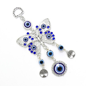 Blue Evil Eye Butterfly <b>Glass</b> Wall Hanging Art with <b>Tree</b> of Life Charms Traditional Design for Home Car Office - Product Image 6