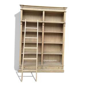 Vintage Solid Wood Library Bookcase with <b>Sliding</b> <b>Ladder</b> Large Storage Display Cabinet Mindy Wood Made in Indonesia - Product Image 1