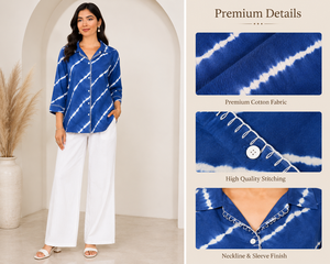 Camisa de Mujer Azul Sólida Estilo Bohemio 100% Algodón Manga Larga Cuello Mandarín Ecológica Transpirable - Product Image 5
